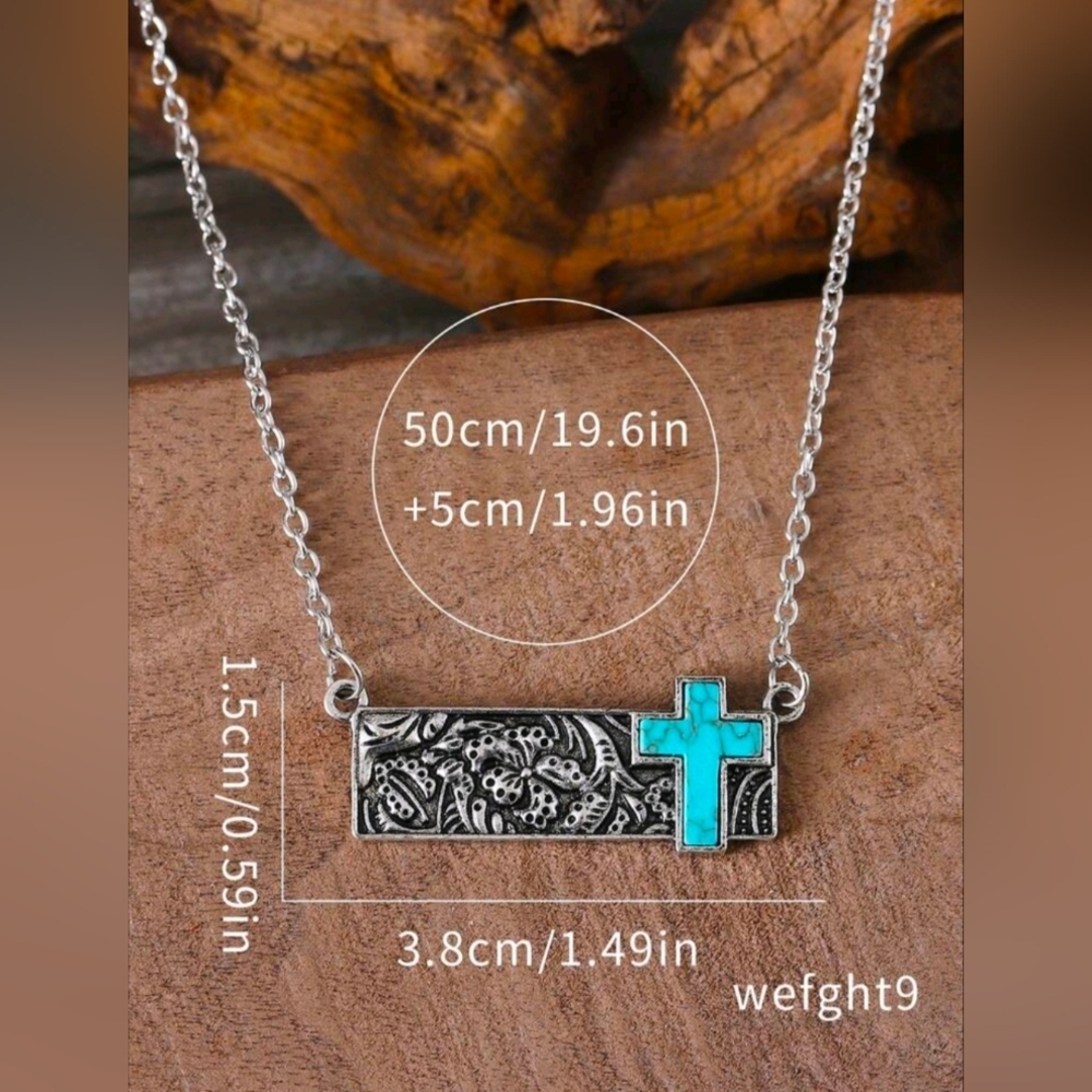 Western Faux Silver and Turquoise Cross Pendant Necklace Coastal Cowgirl - Picture 4 of 7